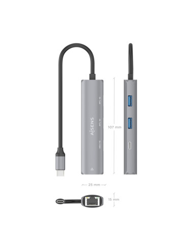 AISENS Dock USB-C A Ethernet Gigabit + Hub 1xUSB-C+2xUSB-A, Gris, 15cm