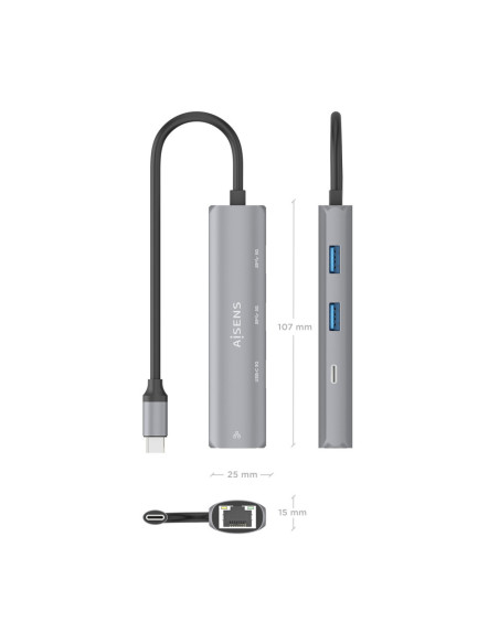 AISENS Dock USB-C A Ethernet Gigabit + Hub 1xUSB-C+2xUSB-A, Gris, 15cm