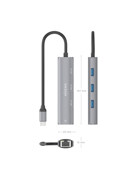 AISENS Dock USB-C A Ethernet Gigabit + Hub 2xUSB-C+1xUSB-A, Gris, 15cm