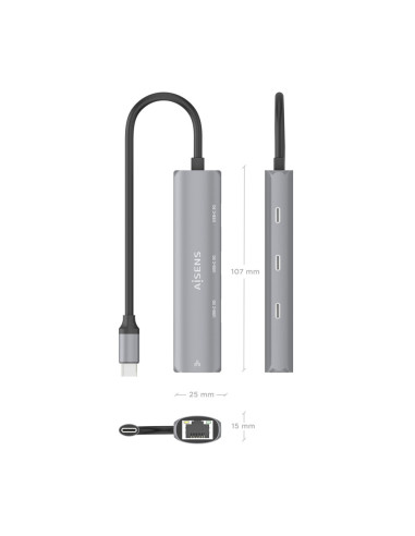AISENS Dock USB-C A Ethernet Gigabit + Hub 3xUSB-C, Gris, 15cm