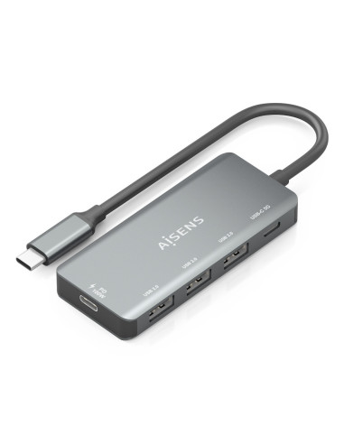 AISENS Hub USB 3.1 USB-C, USB-C/M-1xUSB-C PD 100W+1xUSB-C USB3.0/H+3xUSB-A USB2.0/H, Gris, 15cm