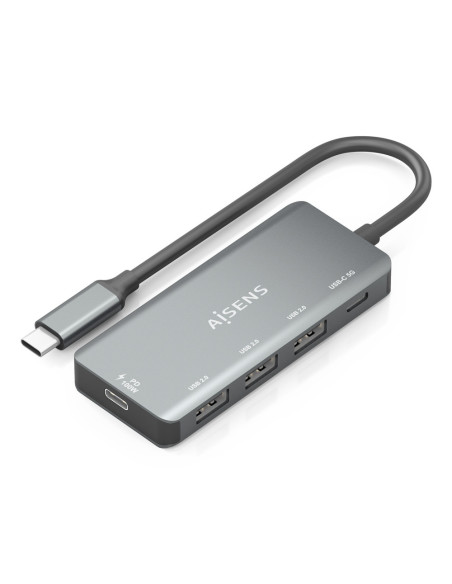 AISENS Hub USB 3.1 USB-C, USB-C/M-1xUSB-C PD 100W+1xUSB-C USB3.0/H+3xUSB-A USB2.0/H, Gris, 15cm