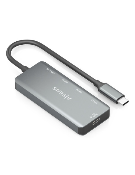 AISENS Hub USB 3.1 USB-C, USB-C/M-1xUSB-C PD 100W+1xUSB-C USB3.0/H+3xUSB-A USB2.0/H, Gris, 15cm