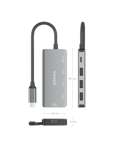 AISENS Hub USB 3.1 USB-C, USB-C/M-1xUSB-C PD 100W+1xUSB-C USB3.0/H+3xUSB-A USB2.0/H, Gris, 15cm