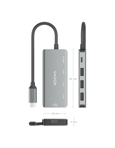 AISENS Hub USB 3.1 USB-C, USB-C/M-1xUSB-C PD 100W+1xUSB-C USB3.0/H+3xUSB-A USB2.0/H, Gris, 15cm