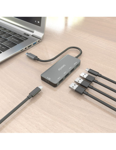 AISENS Hub USB 3.1 USB-C, USB-C/M-1xUSB-C PD 100W+1xUSB-C USB3.0/H+3xUSB-A USB2.0/H, Gris, 15cm