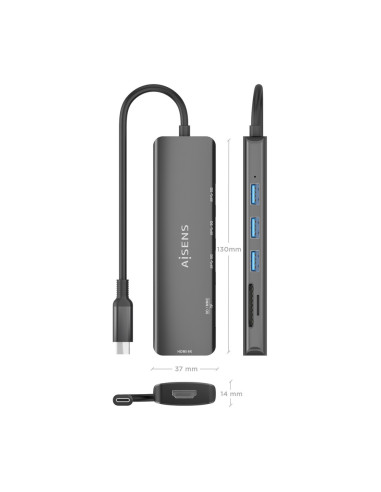 AISENS ASUC-6P024-GR base para portátil y replicador de puertos Alámbrico USB 3.2 Gen 1 (3.1 Gen 1) Type-C