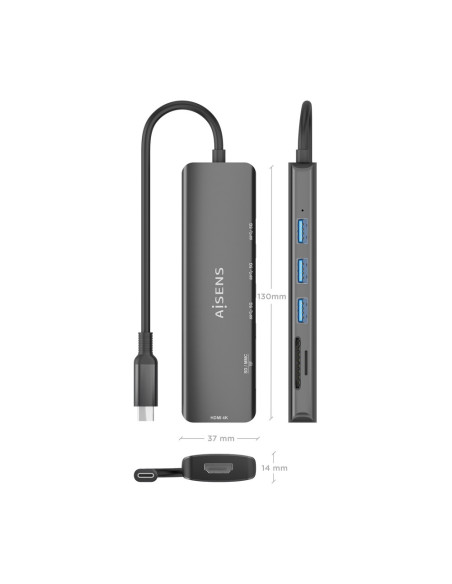 AISENS ASUC-6P024-GR base para portátil y replicador de puertos Alámbrico USB 3.2 Gen 1 (3.1 Gen 1) Type-C