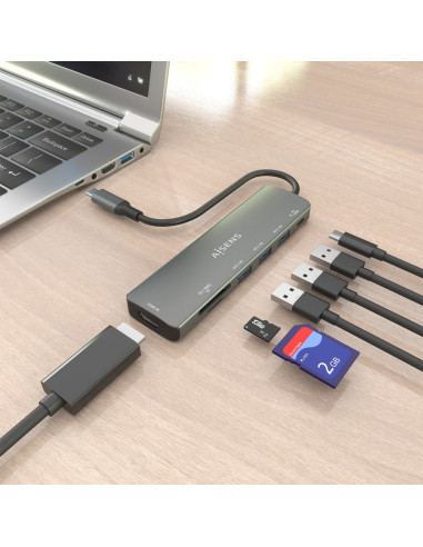 AISENS ASUC-7P025-GR base para portátil y replicador de puertos Alámbrico USB 3.2 Gen 1 (3.1 Gen 1) Type-C