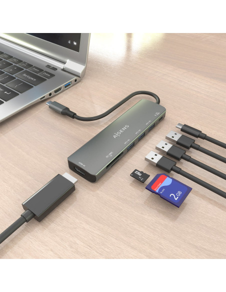 AISENS ASUC-7P025-GR base para portátil y replicador de puertos Alámbrico USB 3.2 Gen 1 (3.1 Gen 1) Type-C