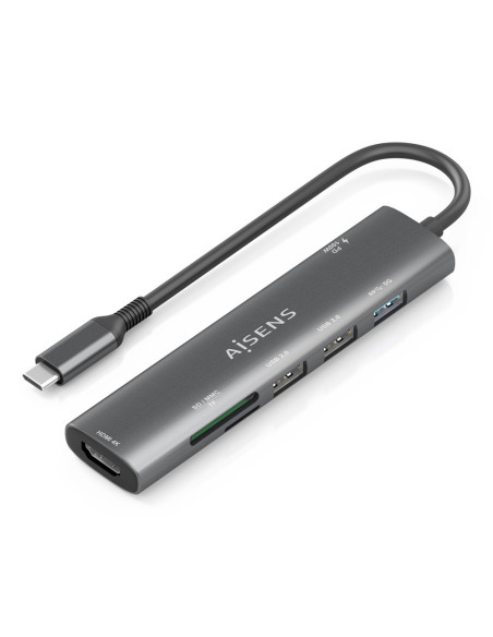 AISENS USB-C Dock 7 en 1, USB-C A, 1x HDMI, 2x USB-A USB2.0, 1x USB-A USB3.0, 1x USB-C PD 100W, 1x SD, 1x MicroSD, Gris, 15cm