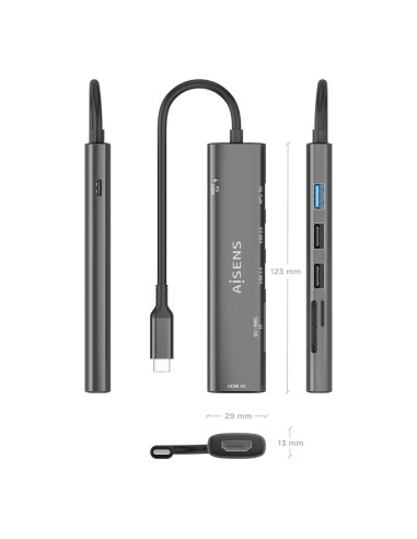 AISENS USB-C Dock 7 en 1, USB-C A, 1x HDMI, 2x USB-A USB2.0, 1x USB-A USB3.0, 1x USB-C PD 100W, 1x SD, 1x MicroSD, Gris, 15cm
