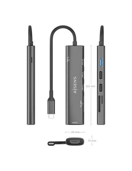 AISENS USB-C Dock 7 en 1, USB-C A, 1x HDMI, 2x USB-A USB2.0, 1x USB-A USB3.0, 1x USB-C PD 100W, 1x SD, 1x MicroSD, Gris, 15cm