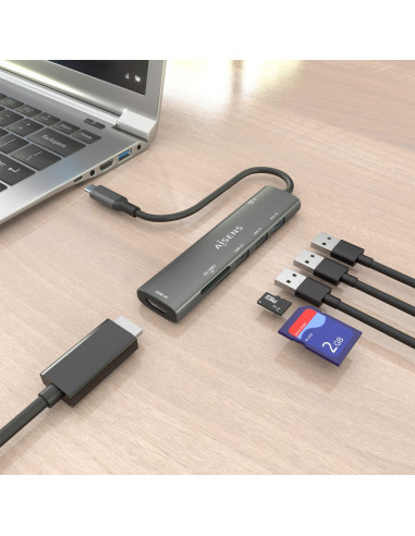 AISENS USB-C Dock 7 en 1, USB-C A, 1x HDMI, 2x USB-A USB2.0, 1x USB-A USB3.0, 1x USB-C PD 100W, 1x SD, 1x MicroSD, Gris, 15cm