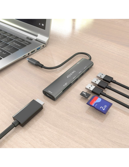 AISENS USB-C Dock 7 en 1, USB-C A, 1x HDMI, 2x USB-A USB2.0, 1x USB-A USB3.0, 1x USB-C PD 100W, 1x SD, 1x MicroSD, Gris, 15cm