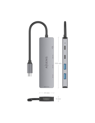 AISENS USB-C Dock 5 en 1, USB-C a 1xHDMI 2xUSB-A 1xUSB-C 1xUSB-C PD, Gris, 15cm