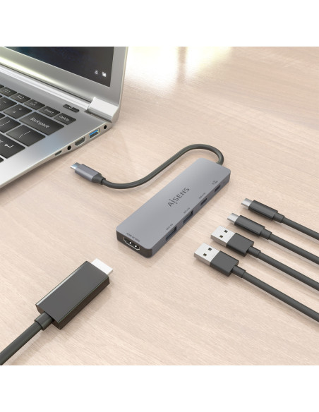 AISENS USB-C Dock 5 en 1, USB-C a 1xHDMI 2xUSB-A 1xUSB-C 1xUSB-C PD, Gris, 15cm