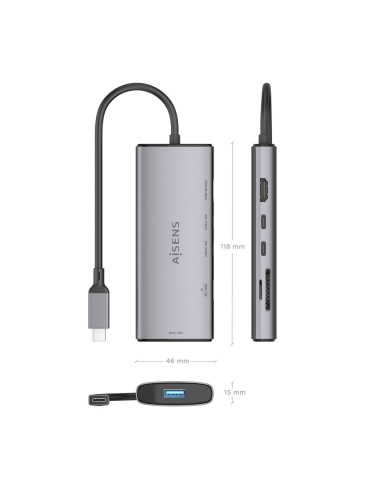 AISENS USB-C Dock 6 en 1, USB-C a 1xHDMI, 1xUSB-A 10G, 2xUSB-C 10G, 1xSD, 1xMicroSD, Gris, 20cm