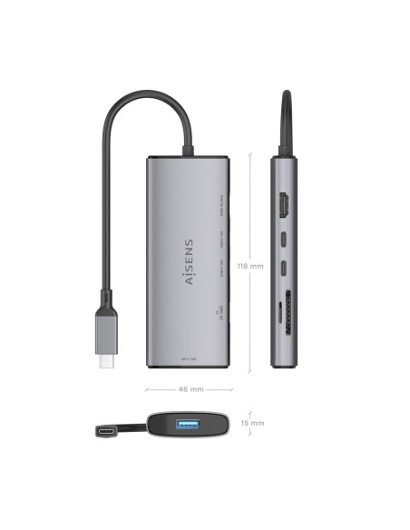 AISENS USB-C Dock 6 en 1, USB-C a 1xHDMI, 1xUSB-A 10G, 2xUSB-C 10G, 1xSD, 1xMicroSD, Gris, 20cm
