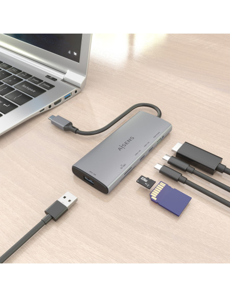 AISENS USB-C Dock 6 en 1, USB-C a 1xHDMI, 1xUSB-A 10G, 2xUSB-C 10G, 1xSD, 1xMicroSD, Gris, 20cm