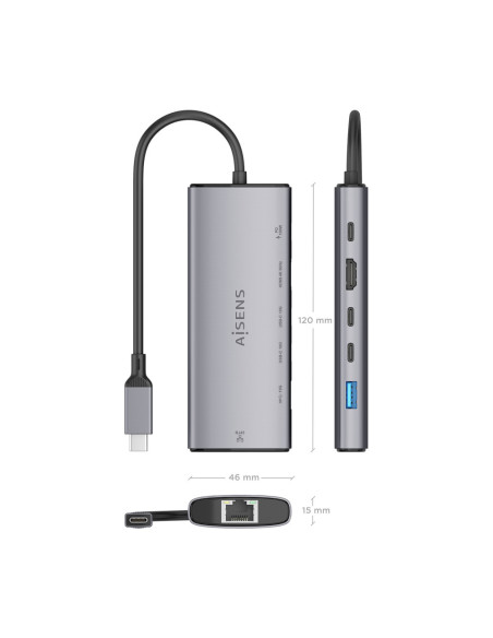 AISENS USB-C Dock 6 en 1, USB-C a 1xHDMI, 1xRJ45, 1xUSB-A 10G, 2xUSB-C 10G, 1xUSB-C PD, Gris, 20cm