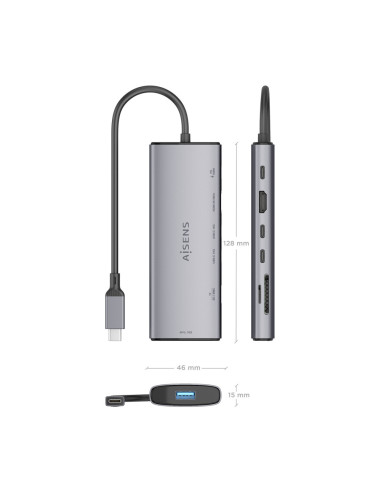 AISENS USB-C Dock 7 en 1, USB-C a 1xHDMI, 1xUSB-A 10G, 2xUSB-C 10G, 1xSD, 1xMicroSD, 1xUSB-C PD 100W, Gris, 20cm