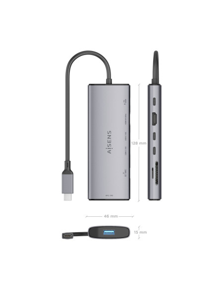 AISENS USB-C Dock 7 en 1, USB-C a 1xHDMI, 1xUSB-A 10G, 2xUSB-C 10G, 1xSD, 1xMicroSD, 1xUSB-C PD 100W, Gris, 20cm