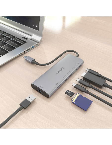 AISENS USB-C Dock 7 en 1, USB-C a 1xHDMI, 1xUSB-A 10G, 2xUSB-C 10G, 1xSD, 1xMicroSD, 1xUSB-C PD 100W, Gris, 20cm
