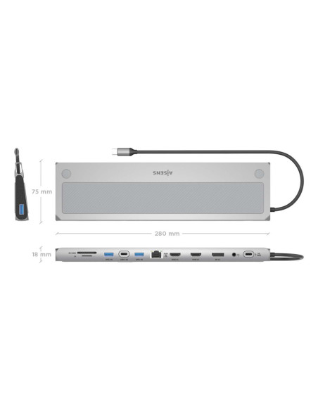 AISENS ASUC-12P020-GR base para portátil y replicador de puertos Alámbrico USB 3.2 Gen 1 (3.1 Gen 1) Type-C