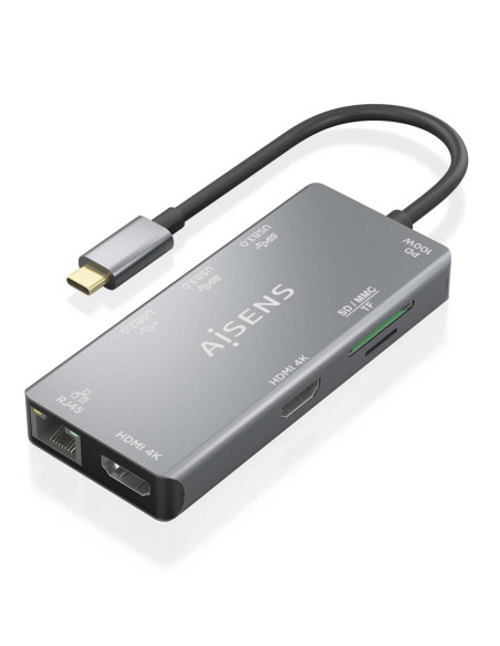 AISENS ASUC-9P018-GR base para portátil y replicador de puertos Alámbrico USB 3.2 Gen 1 (3.1 Gen 1) Type-C