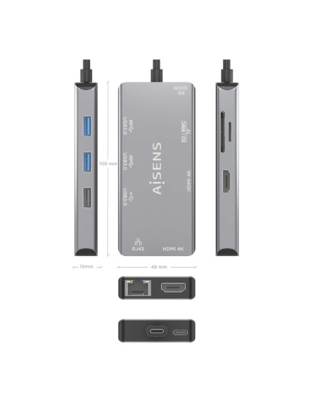 AISENS ASUC-9P018-GR base para portátil y replicador de puertos Alámbrico USB 3.2 Gen 1 (3.1 Gen 1) Type-C