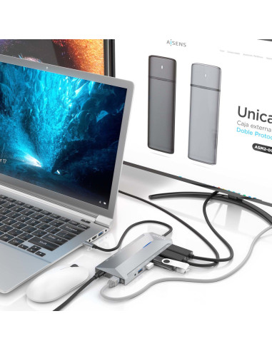 AISENS USB-C Dock 12 En 1, USB-C A 2xHDMI, 1xRJ45, 3xUSB-A, 2xUSB-C, 1xUSB-C PD, 1xAudio, 1xSD, 1xMicro SD, Gris, 30cm