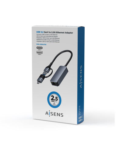 AISENS Conversor USB3.2 Gen1 USB-A+USB-C a Ethernet 2.5G 10/100/1000/2500 Mbps, Gris, 15cm