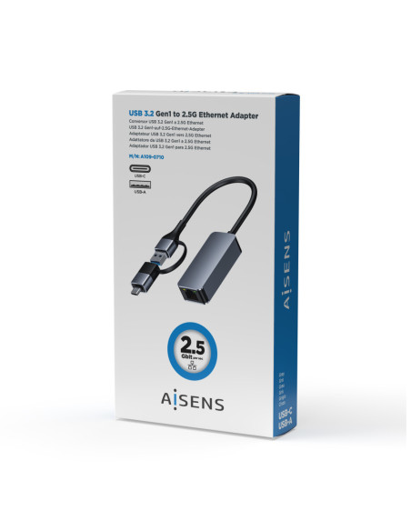 AISENS Conversor USB3.2 Gen1 USB-A+USB-C a Ethernet 2.5G 10/100/1000/2500 Mbps, Gris, 15cm