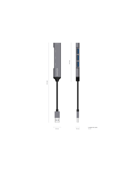 AISENS Hub USB 3.0 Aluminio, Tipo A/M - 4x Tipo A/H, Gris, 10cm
