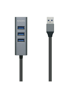 AISENS Hub USB3.0 Aluminio, Tipo A/M - 4x Tipo A/H, Negro, 10 cm