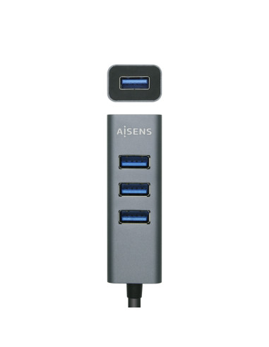 AISENS Hub USB3.0 Aluminio, Tipo A/M - 4x Tipo A/H, Negro, 10 cm