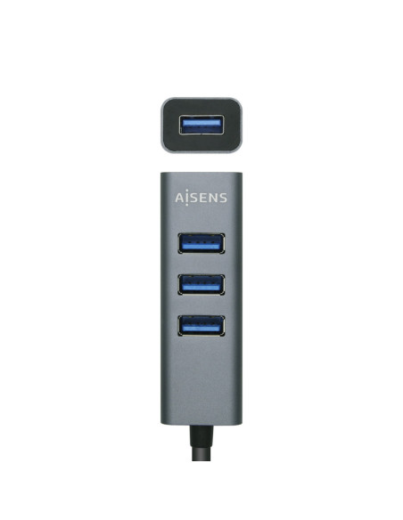AISENS Hub USB3.0 Aluminio, Tipo A/M - 4x Tipo A/H, Negro, 10 cm