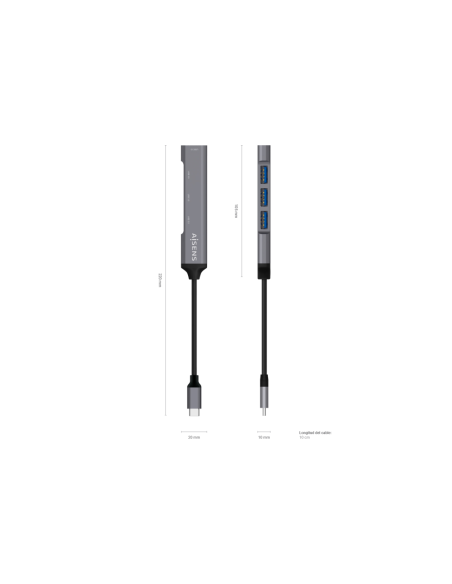 AISENS Hub USB 3.1 USB-C, Tipo C/M - 4x Tipo A/H, Gris, 10 cm