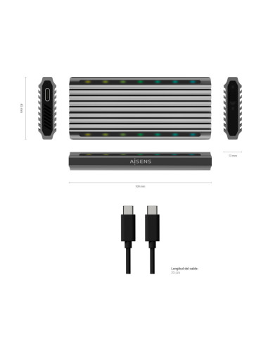 AISENS Caja Externa M.2 RGB Gaming ASM2-RGB011GR SATA/NVMe A USB3.1 Gen2, Gris
