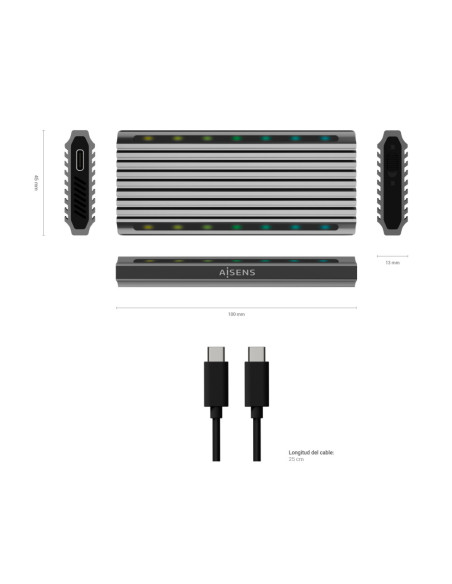 AISENS Caja Externa M.2 RGB Gaming ASM2-RGB011GR SATA/NVMe A USB3.1 Gen2, Gris